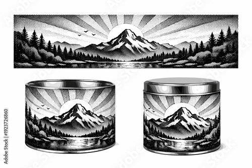 Tea canister wrap label. A cylindrical wrap-around tea canister label with repeating graphic elements is shown from three different angles: flat unwrapped