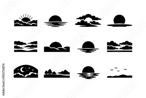 Sunset Sky Gradient. Solid icon set of sunset sky gradient: deep orange sky, red horizon, purple clouds, setting sun, dramatic gradient,