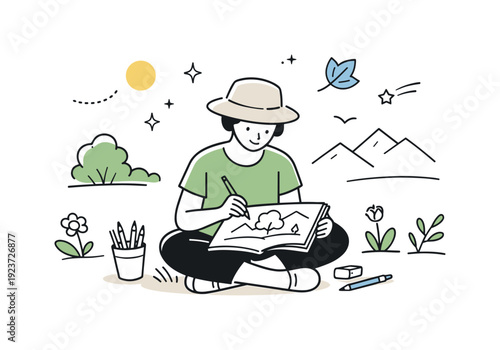 Outdoor art and sketching. Artist sitting outside with a sketchbook, calmly drawing nature around them. Focused creative moment with pencils,