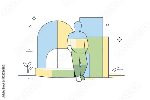 Individuals blending into environments. A figure pauses near abstract architectural forms, visually merging with the background through