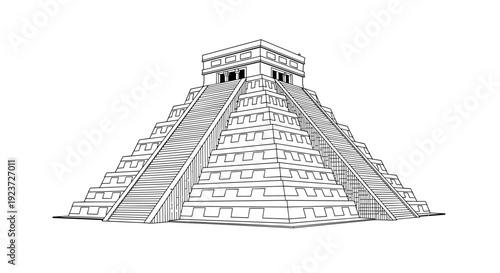 Ancient mayan pyramid architecture in detailed linear style