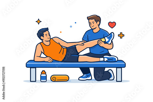 Rehabilitation and physical therapy for athletes guided treatment moment with therapist supporting controlled movement, conveying trust,