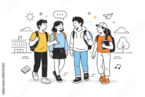 Student life. Friends walking together on campus, carrying backpacks and chatting casually. Friendly social moment showing connection and shared experience.