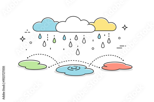 Abstract Rainy Scene. Rain showers and puddles. Abstract rainy scene with clouds, falling drops, and puddles connected by dotted lines. Gentle visual metaphor