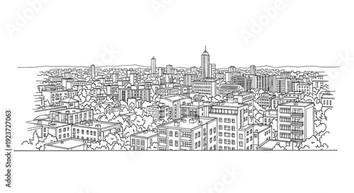 Cityscape panorama in linear style: urban buildings and skyline overview