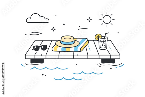 Floating docks relaxation. Abstract editorial composition with dock planks, water lines, sun or cloud icons, and minimal personal items.