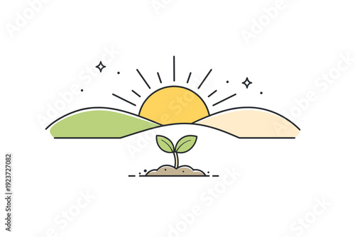 New beginnings symbolic spring art sunrise. A rising sun above simple hills with a small sprout in the foreground, representing hope and a