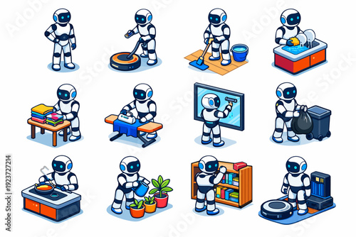 Future Home Robots. Future home chores. Colorful isometric vector icons set of Future home chores: humanoid robot, robot vacuuming room, robot mopping kitchen,