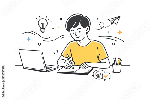 Creative Note-Taking. Remote worker taking notes. A person jotting down ideas on a notepad next to a laptop, abstract decorative lines and dots suggesting