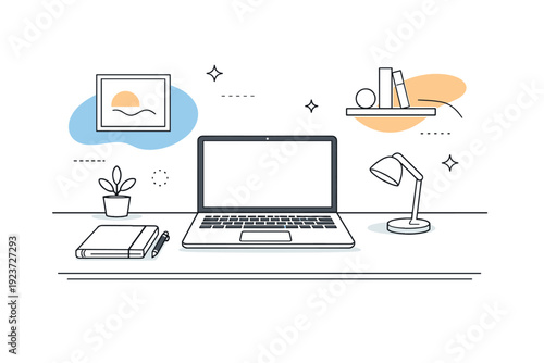 Low-distraction work environments. Quiet home office with clean desk surface, laptop and notebook neatly aligned, no clutter, calm