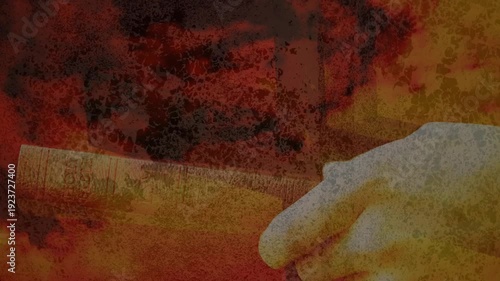 Resting right hand making small shifts on wooden plank, reacting to red soot overlay, testing grip