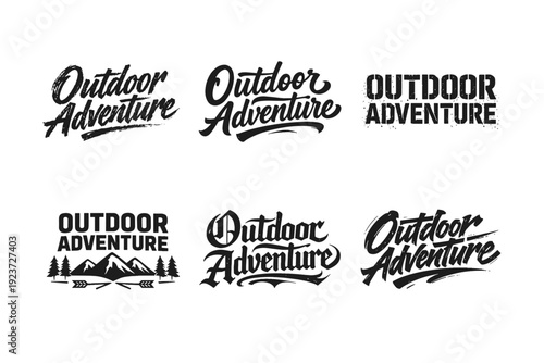 Outdoor adventure spirit. Set lettering. harmonious lettering variations of the same emblematic concept, each with different artistic