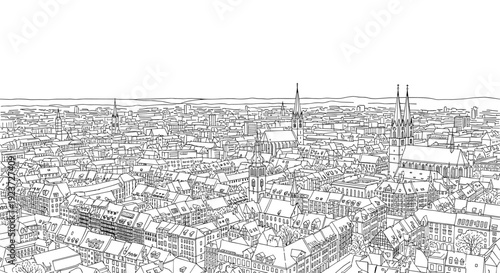 Detailed cityscape line art of historic european town with rooftop views