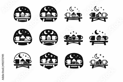 Creating a "coffee and dessert" night for a casual, laid-back gathering. Icon set. Set Logo of Creating a "coffee and dessert" night for a