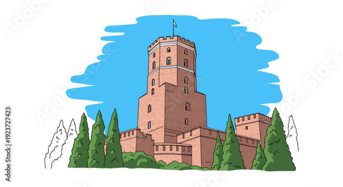 Medieval castle with tower and pines against blue sky