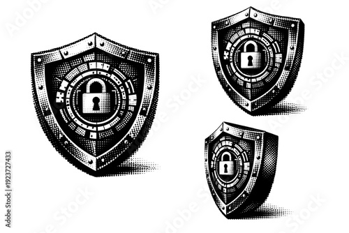 Cybersecurity shield modular secure core. Black and white dot style with halftone texture and high contrast. Halftone texture with partial