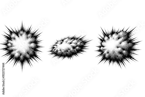 Explosive circular dot burst object shown in three views including front view, side view, and three-quarter view emphasizing dynamic spread