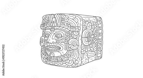 Intricate aztec stone face line art for coloring and design projects