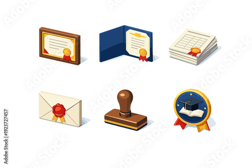 Graduation documents. Isometric flat vector icons set of Graduation documents: framed diploma, certificate folder, transcript paper stack, sealed envelope,