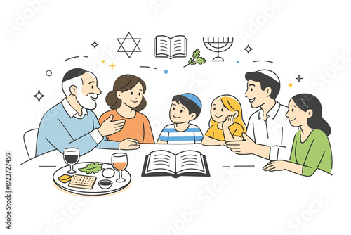 Spring Jewish holiday storytelling. Adults and children listening and talking together at the table, with gentle gestures and friendly