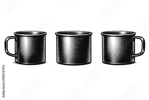 Coffee cup metal camping mug with straight walls and sturdy handle presented in three side-oriented views. Black and white dot style with