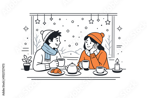 Winter cafe hopping rituals. Friends chatting at a cafe window seat, cups and plates on the table, snow falling outside, warm social connection and quiet