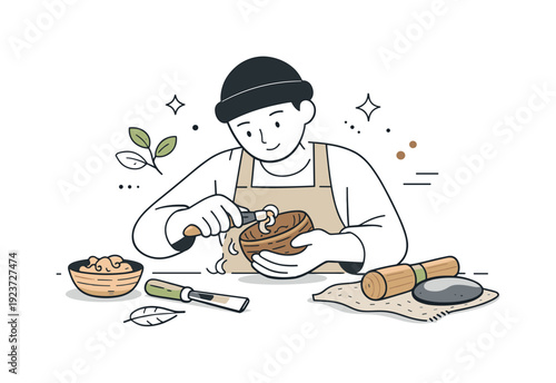 Artisan carefully crafting a wooden bowl with traditional tools and natural materials