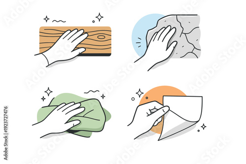 People touching textures and materials. Hands interact with wood, stone, fabric, or paper, highlighting contrast between surfaces. Visual