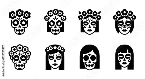 Dia de los muertos icon set: floral sugar skull faces in bold black and white