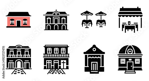 Set of minimalist building icons featuring cafes and shops in black and white silhouette