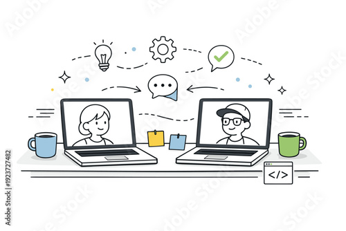 Pair programming workspace. Two laptops on a bright desk with sticky notes and coffee cups, abstract icons and motion lines floating to