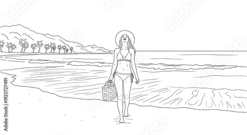 Woman in bikini strolling on tropical beach with hat and bag in hand-drawn style