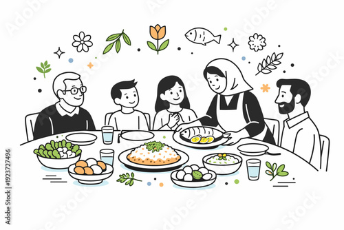 Nowruz Meal Gathering. Serving Nowruz meal. Final table set with dishes like fish, rice, yogurt, and greens, family gathered in calm joy. Completion,