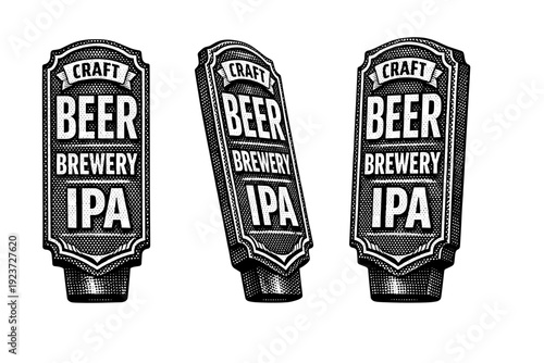 Beer tap handle label plate. A vertical beer tap handle label plate with stacked text layout and border accents is shown from three different
