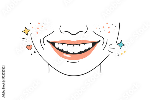 Wrinkles and freckles close-ups. Close-up of a smiling mouth and cheeks, freckles and laugh lines visible. Editorial illustration emphasizing