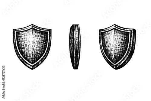 Halftone badge emblem A classic badge emblem shown in front view, side view, and three-quarter view as a single solid object with balanced