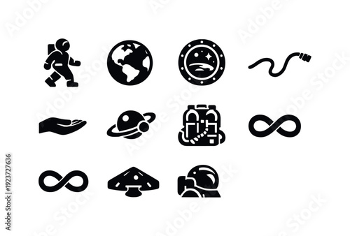 Humanity in space. Filled icon set of Humanity in space: astronaut walking, Earth from space