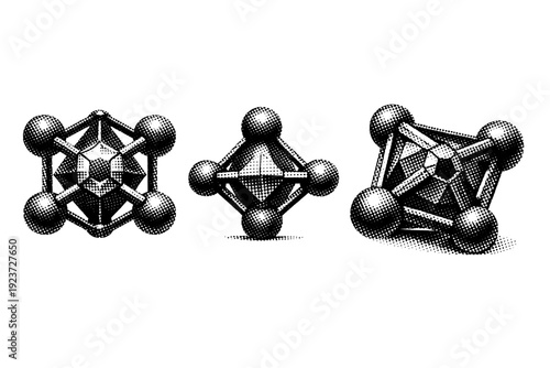Abstract tech vector node depicted as a single futuristic geometric object shown in front view, side view, and three-quarter view to emphasize structure and