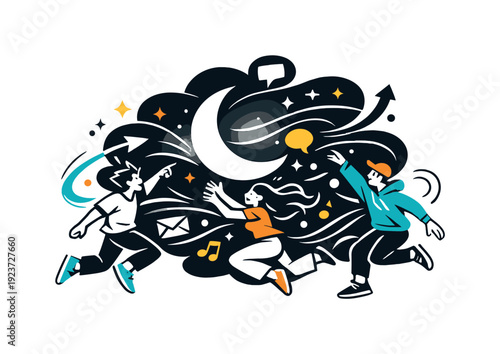 Abstract moonlight mood. Crescent moon surrounded by flowing shapes and soft glow lines,