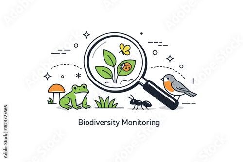 Biodiversity monitoring. Clean editorial icon-style scene showing a magnifying glass over plants and small animals, symbolizing observation