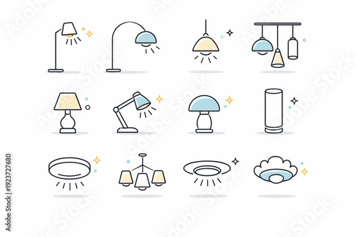 Lighting design icons. Clean line icons of floor lamps, pendant lights, table lamps, and ceiling fixtures. The scene feels functional,