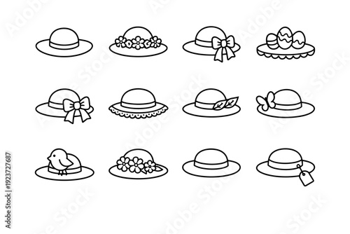 Easter bonnet. Line icon set of Easter bonnet: wide brim hat, flower trim, pastel ribbon, egg decoration, bow knot, lace edge, spring leaves, butterfly accent,