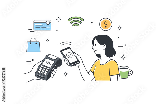 Cashless society. Person paying with a smartphone at a terminal, simple card and signal icons floating around, showing everyday digital