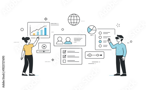 People interacting with digital interfaces and data visualizations in a virtual reality environment