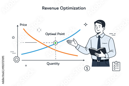 Revenue optimization. A clean graph showing price and quantity intersecting at an optimal point, guided by a calm professional. Scene