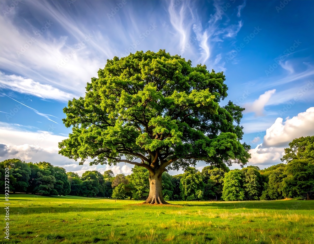 Fototapeta premium A large green tree stands alone in a lush field under a blue sky