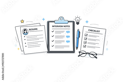 HR interviews with candidates. Desk scene with resume pages, checklist, and interview notes neatly arranged. Structured hiring process and careful assessment.