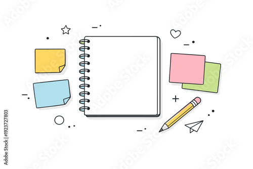 Creative stationery flat lay. Abstract top view layout with sketchbook, pencil, sticky notes, and light decorative shapes. Friendly creative