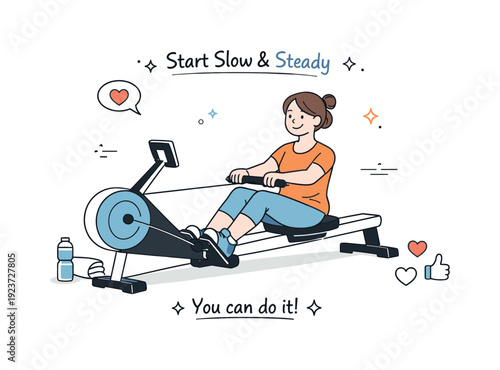 Woman exercising on a rowing machine with motivational text and icons