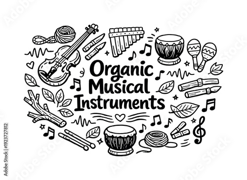 Organic Musical Instruments. Hand-drawn doodle illustration of Organic Musical Instruments.